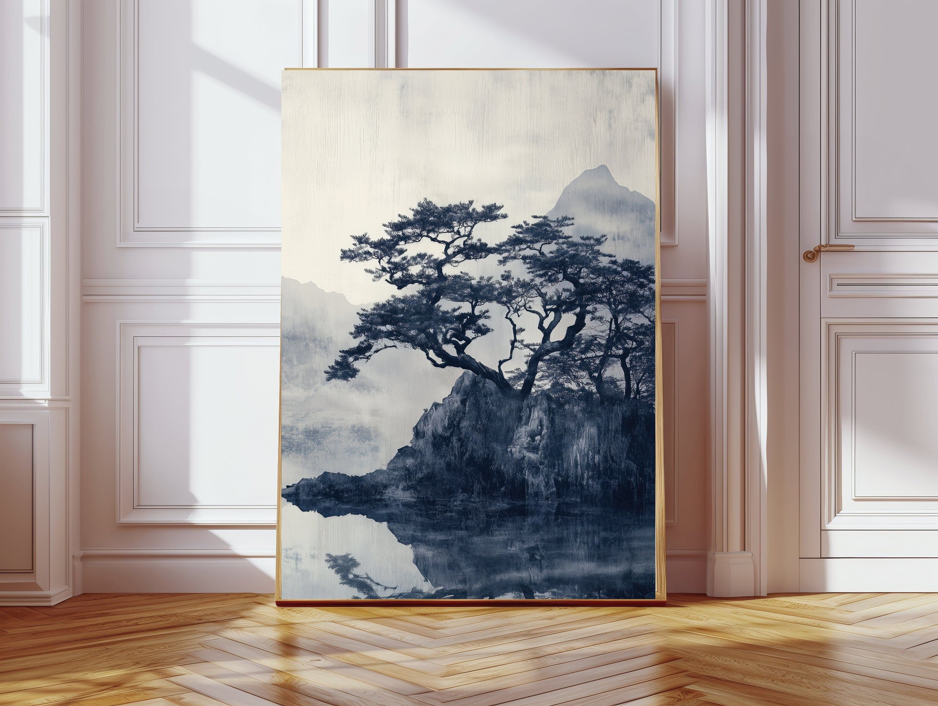 Japanischer blauer Landschaftsbaum Kunstdruck
