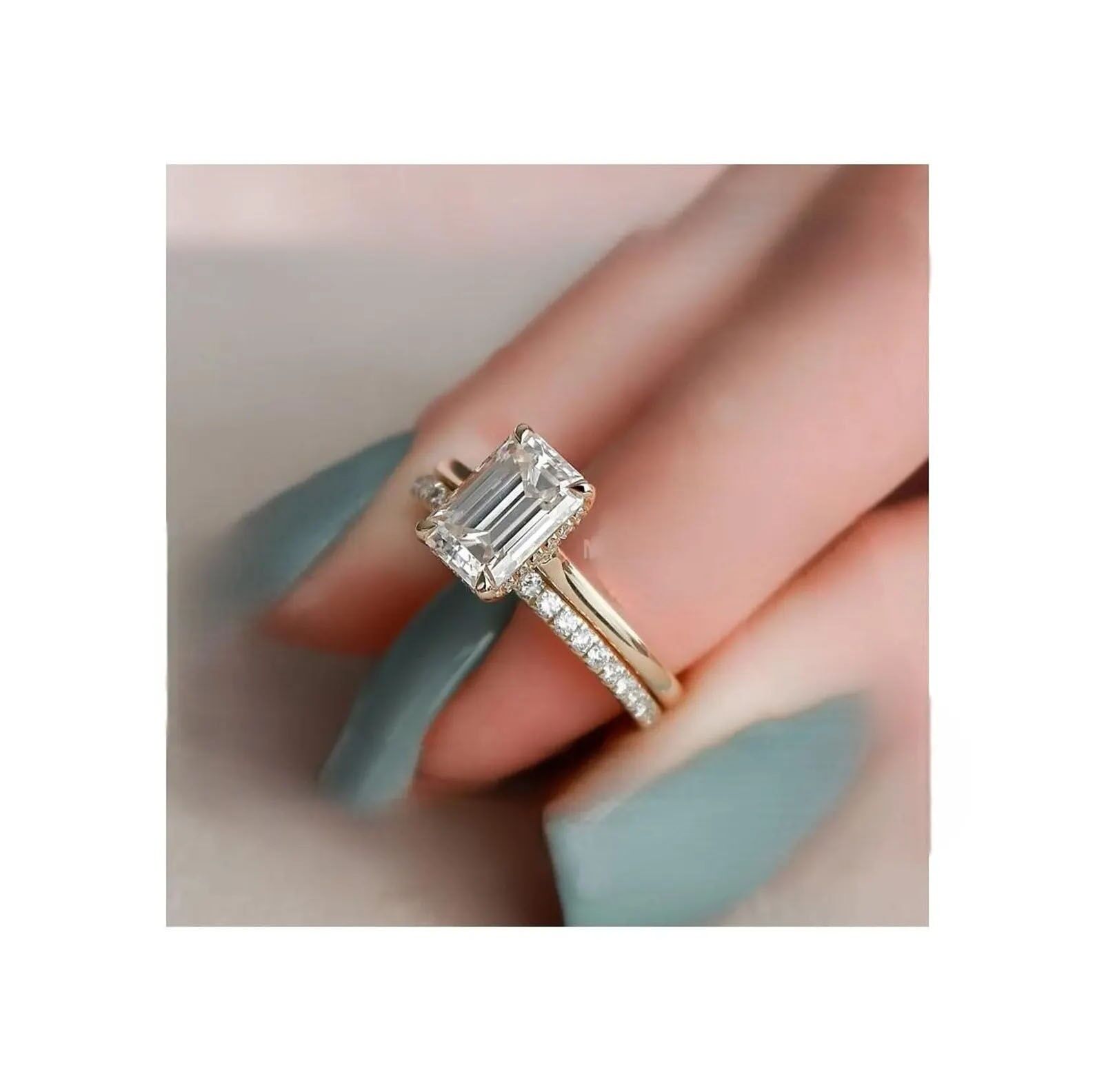 Set di fedi nuziali in moissanite taglio smeraldo da 2 ct - Set di fedi di fidanzamento - Set da sposa vintage - Fedi abbinate Art Déco - Argento Sterling 925