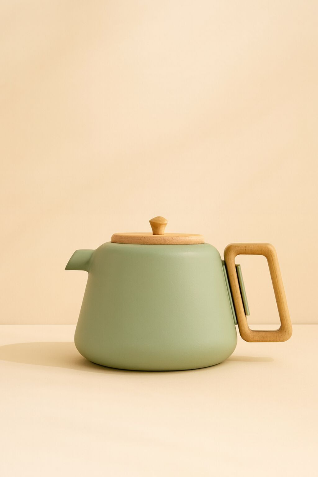 Mandelfarbene Teekanne aus Gusseisen mit Holzgriff und -deckel, 500 ml, VIGGO