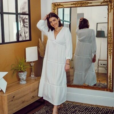 Bohemian long dress in white cotton gauze Made in France