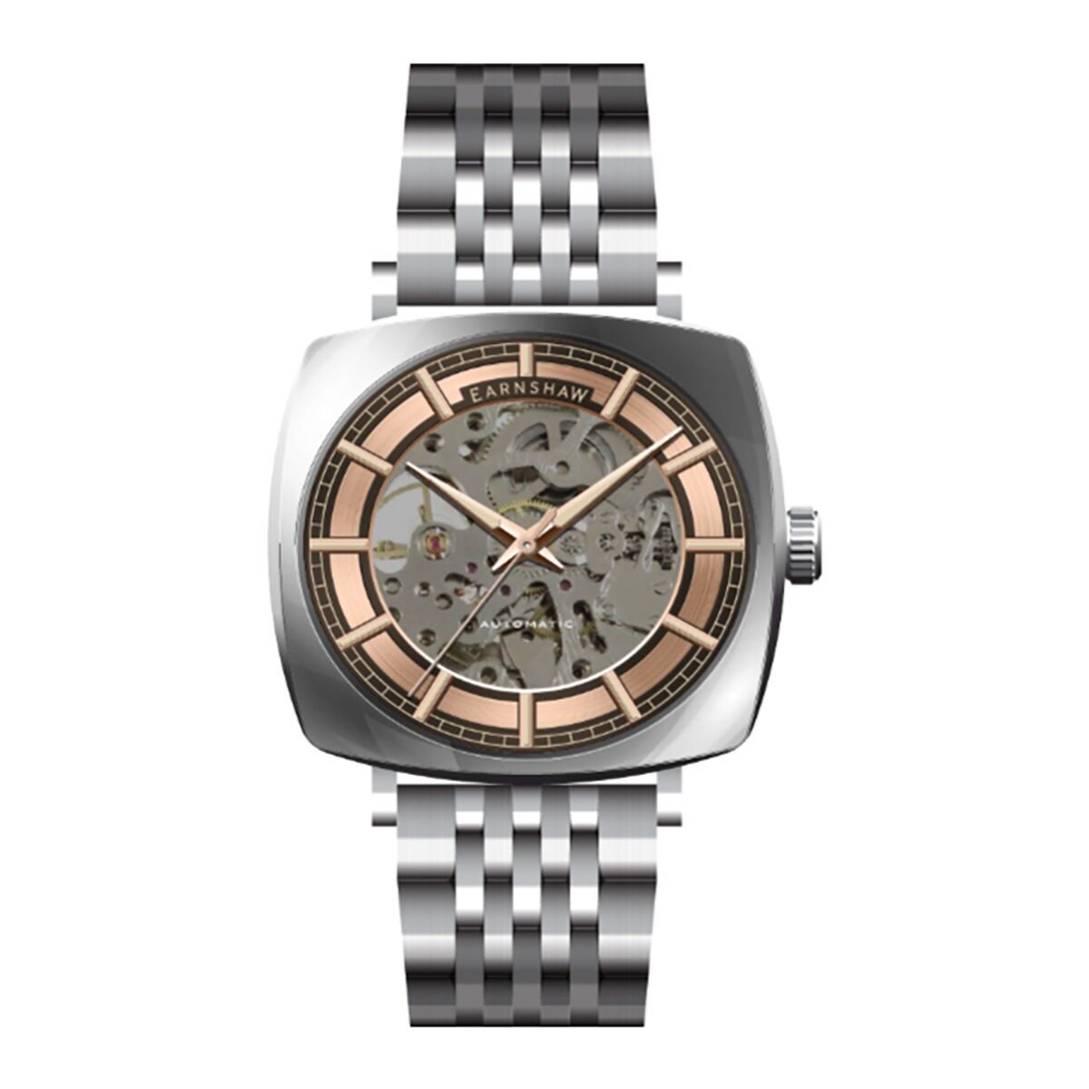 EARNSHAW – City Of London Moorgate Skeleton Automatic – ES-8319 – Reloj para hombre – Movimiento automático de esqueleto de 3 manecillas – Brazalete de acero inoxidable plateado