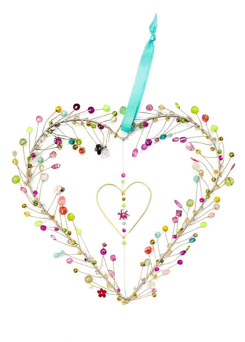 Décoration artisanale en fil de fer arc-en-ciel double cœur – 17 cm