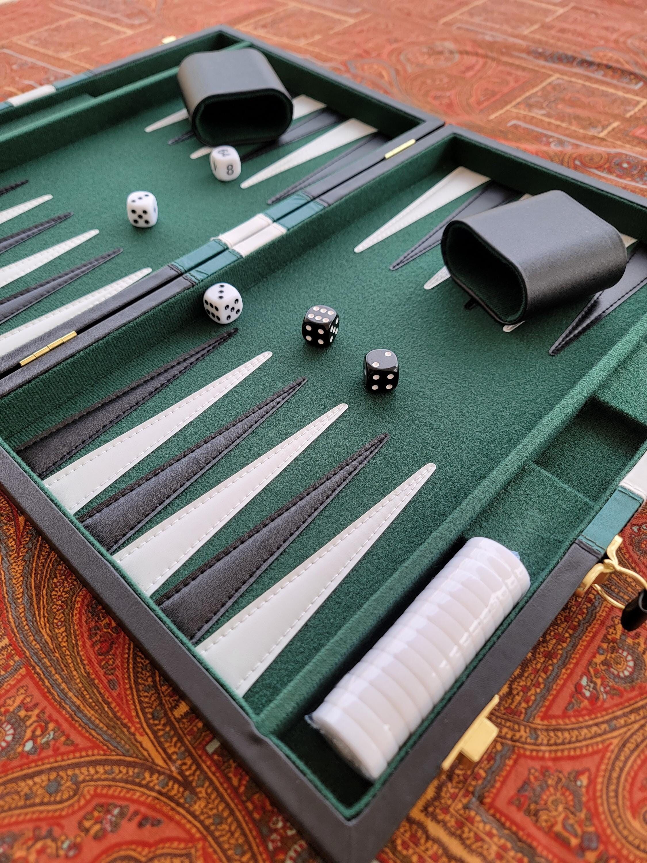 Handmade Leather Backgammon Set, Portable foldable and Stylish, Green Leather Finish, Perfect for Indoor and Outdoor Play"