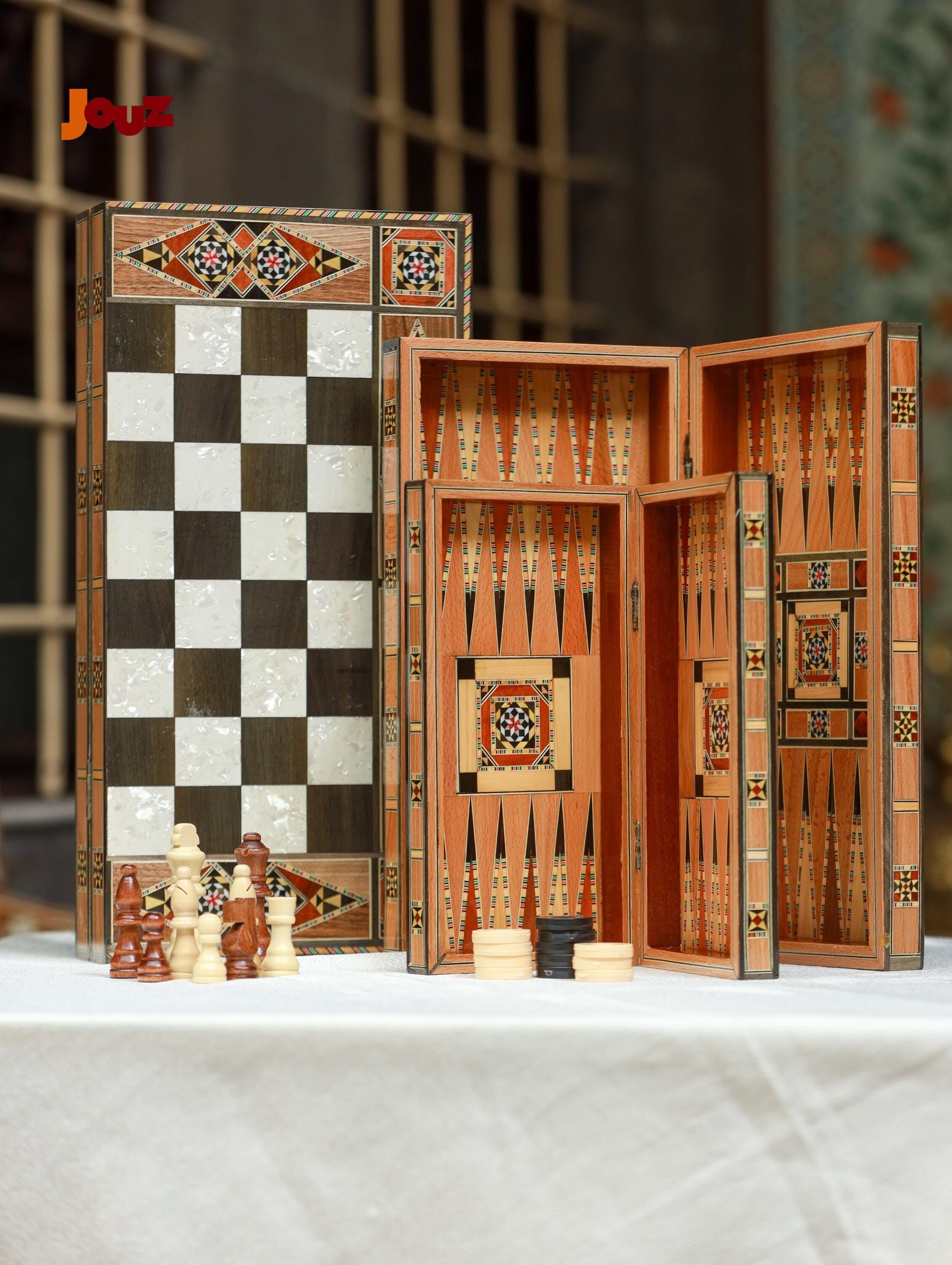 Handcrafted Wooden Backgammon & Chess Set – 3 Sizes (Small, Medium, Large) – 3 Games in 1