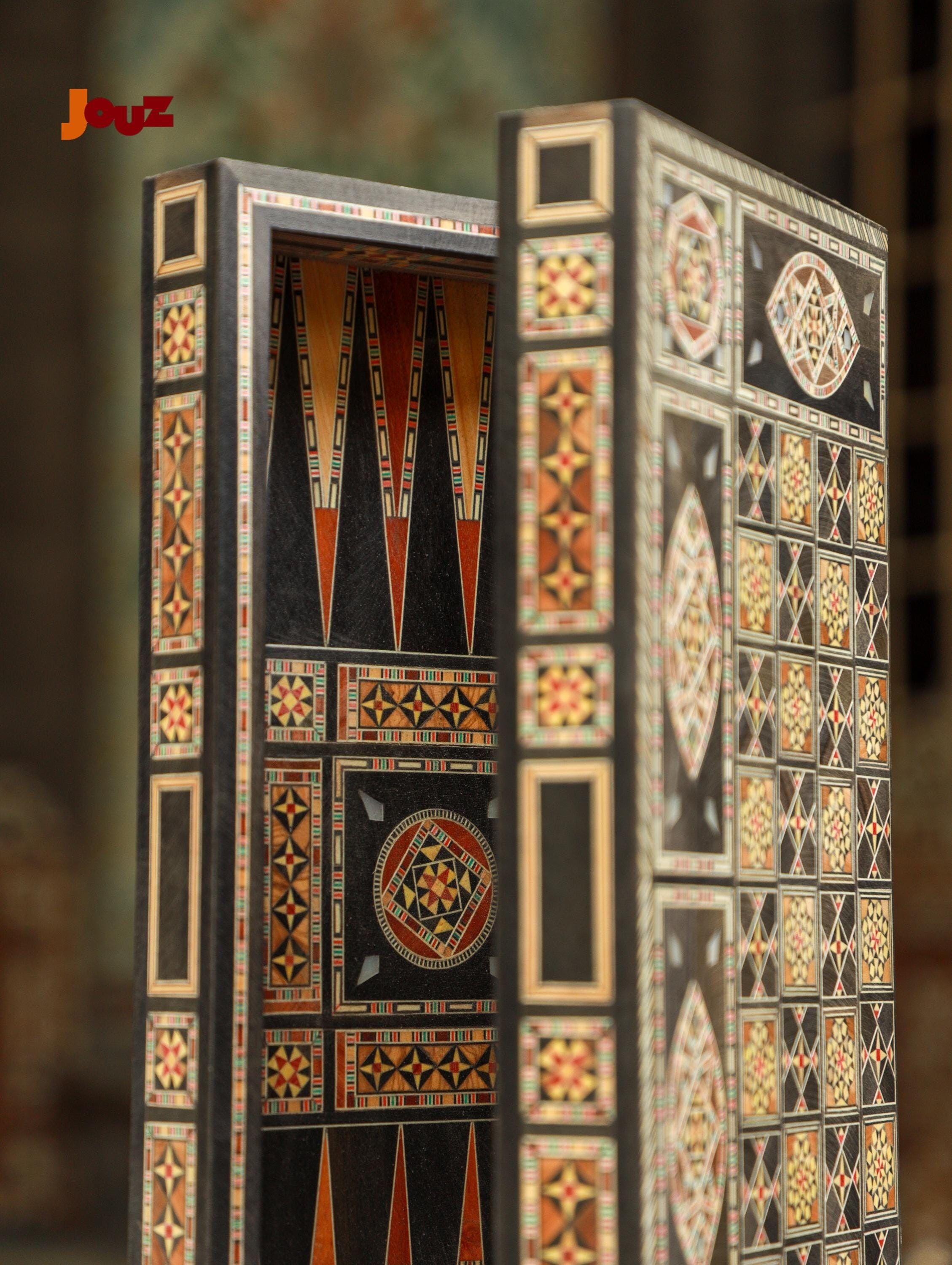 Handmade Syrian Mosaic Wooden Chess & Backgammon Set - Artisan Inlaid Game Board - Double-Sided Middle Eastern Decor - Unique Game Gift