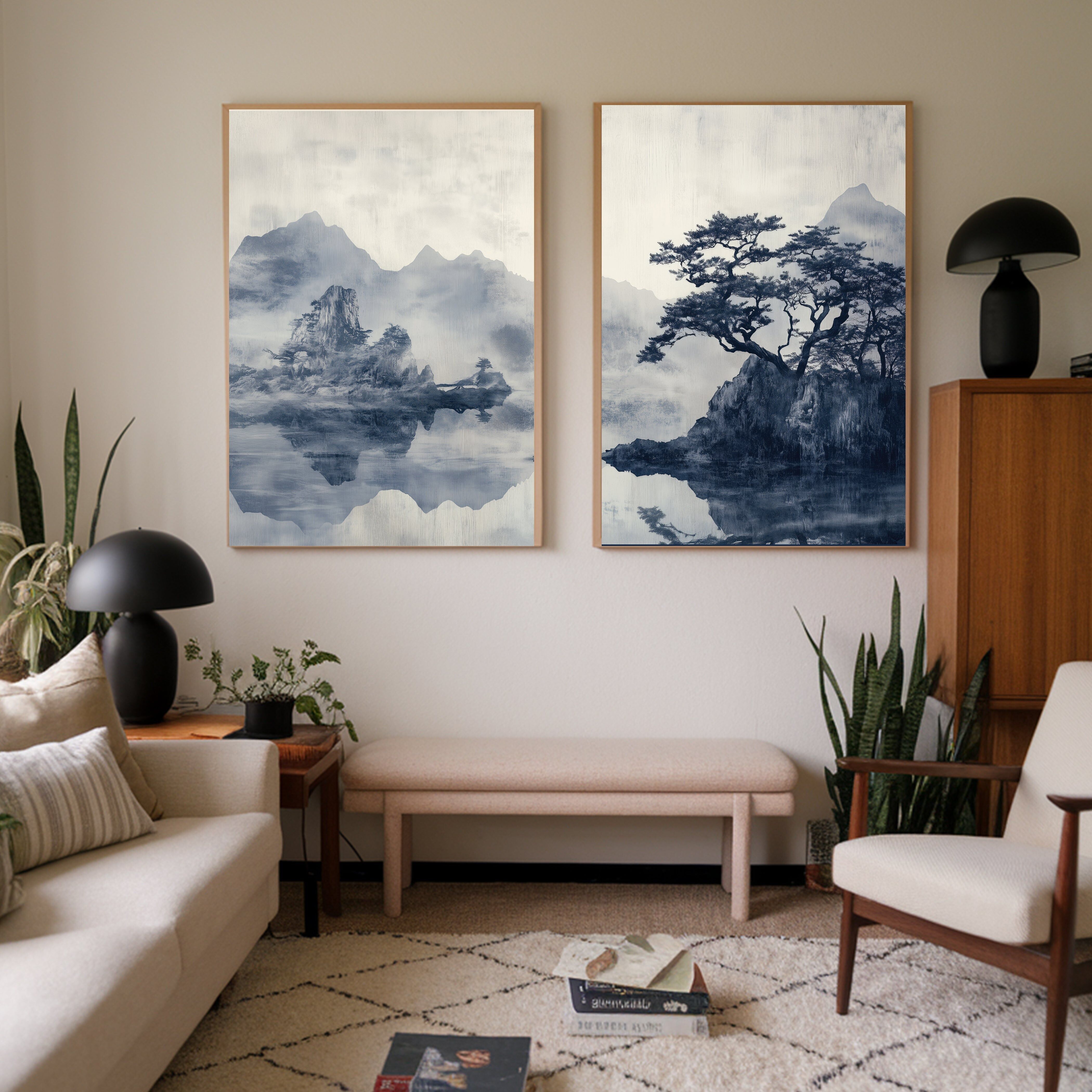 Japanisches hellblaues Japandi-See-Set mit zwei Kunstdrucken