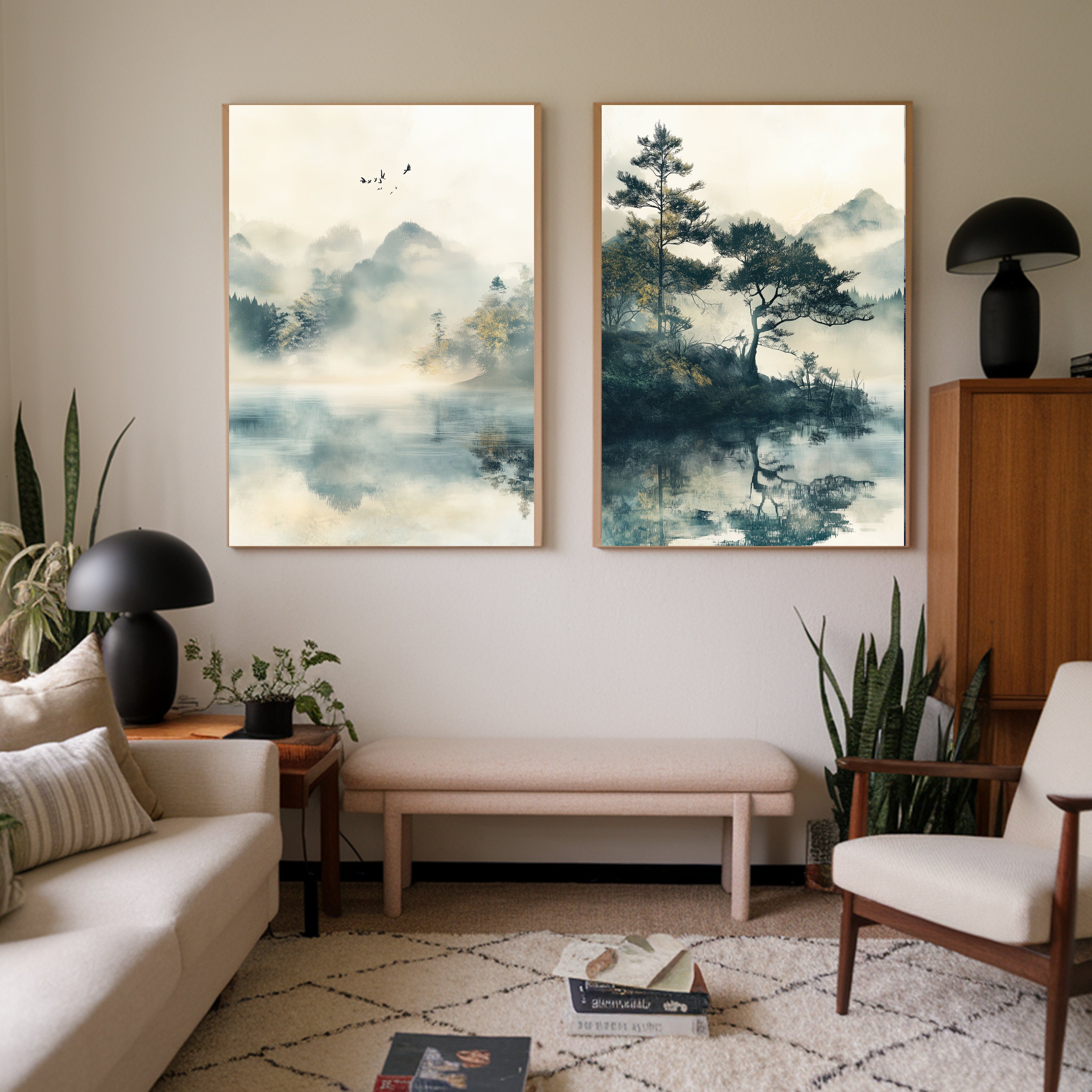 Japanisches hellgrünes Japandi-See-Set mit zwei Kunstdrucken