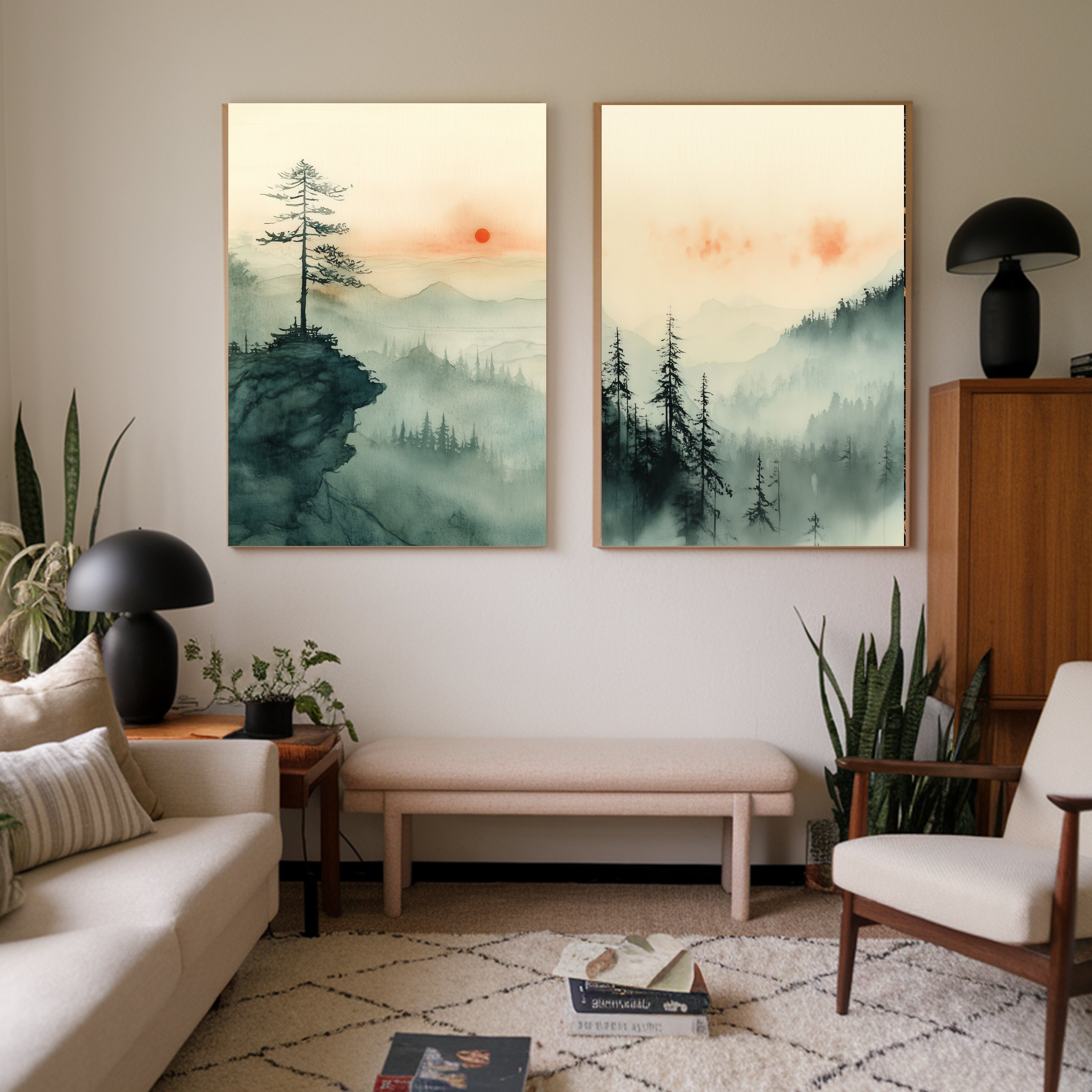 Japanischer Landschaftsbaum Japandi Set aus zwei Kunstdrucken