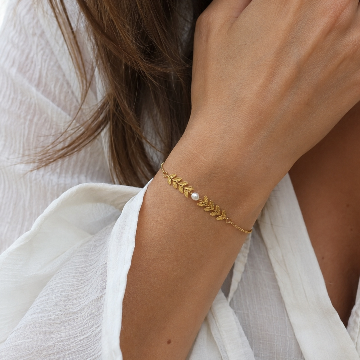 Bracelet doré maille épi & perle de culture irrégulière - acier inoxydable