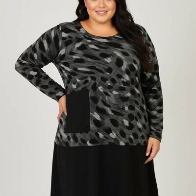 Vestido gris con estampado de leopardo de talla grande (C6591)