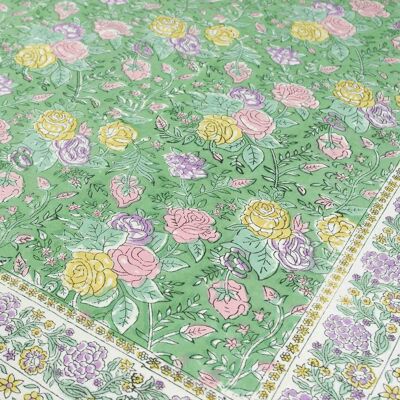 Block Printed Rectangular Tablecloth - Rose Print Floral On Green