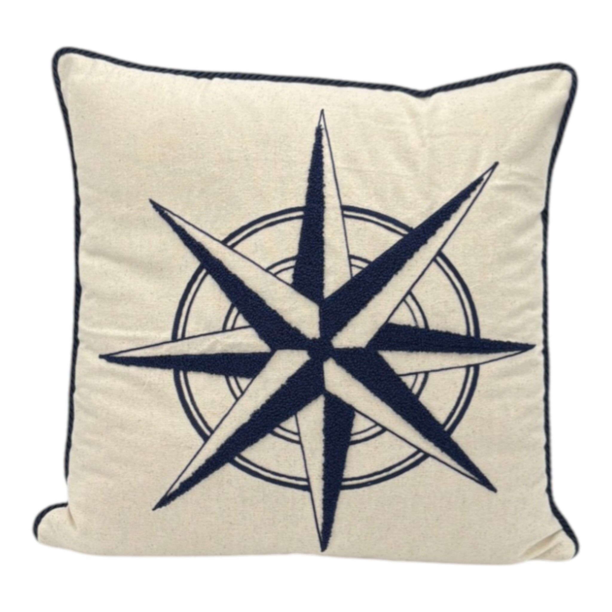 Coussin décoratif avec broderie poinçonnée - Marine - Boussole - 43 x 43 cm