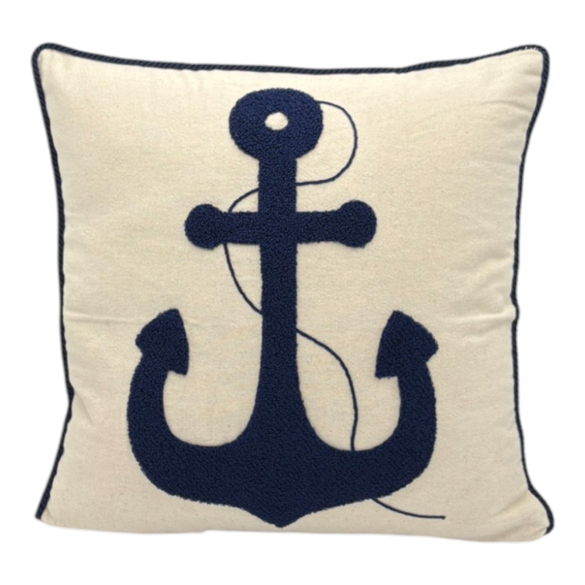 Coussin décoratif avec broderie poinçonnée - Marine - Ancre - 43 x 43 cm