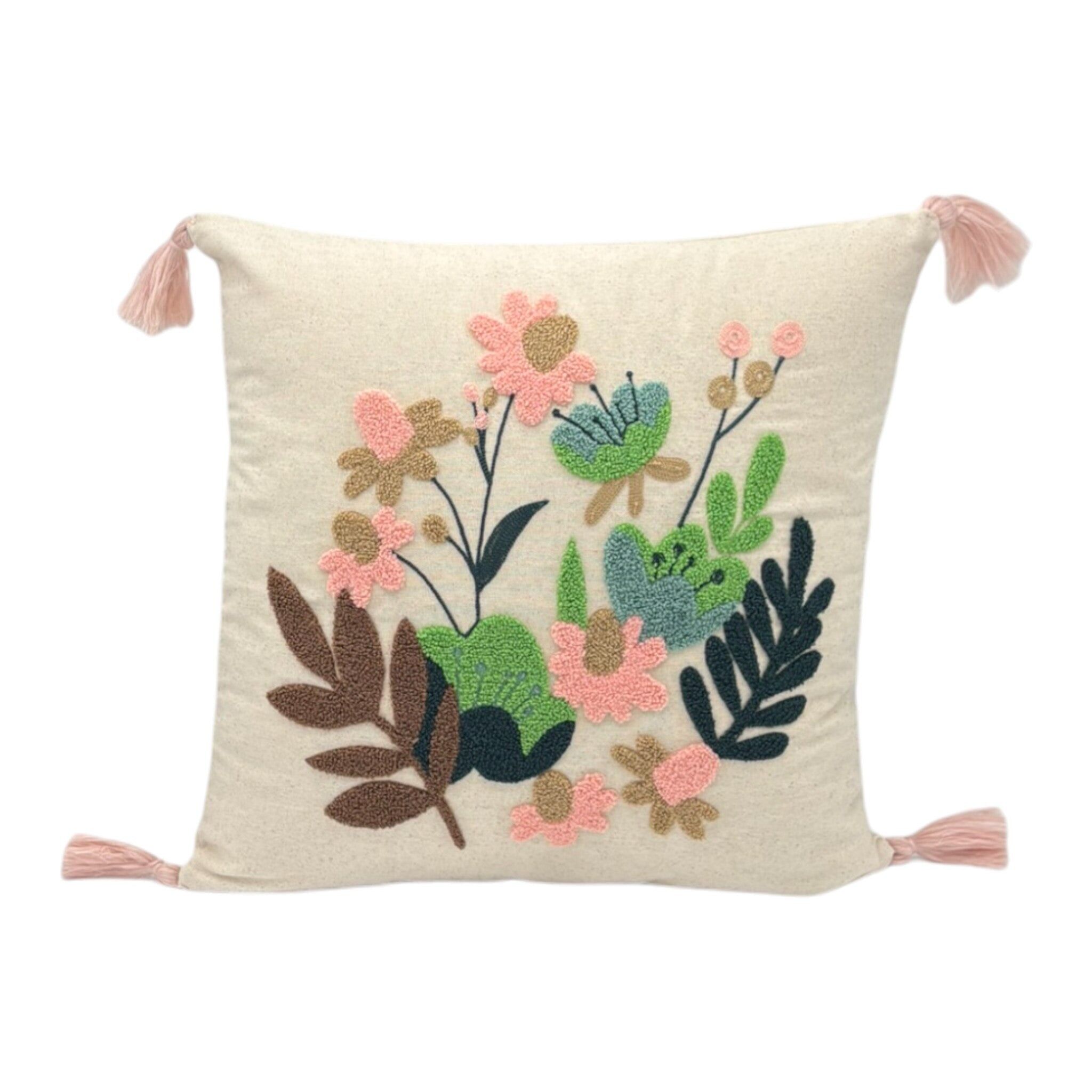 Coussin décoratif avec broderie poinçonnée - fleur - bouquet - 43 x 43 cm