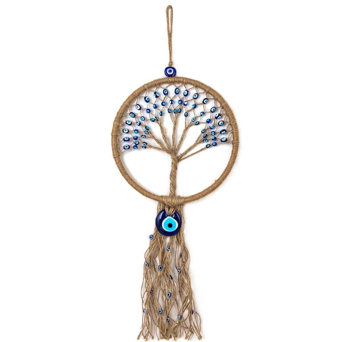 Decoración de pared con árbol de la vida y amuleto contra el mal de ojo - 65 x 25 x 2 cm