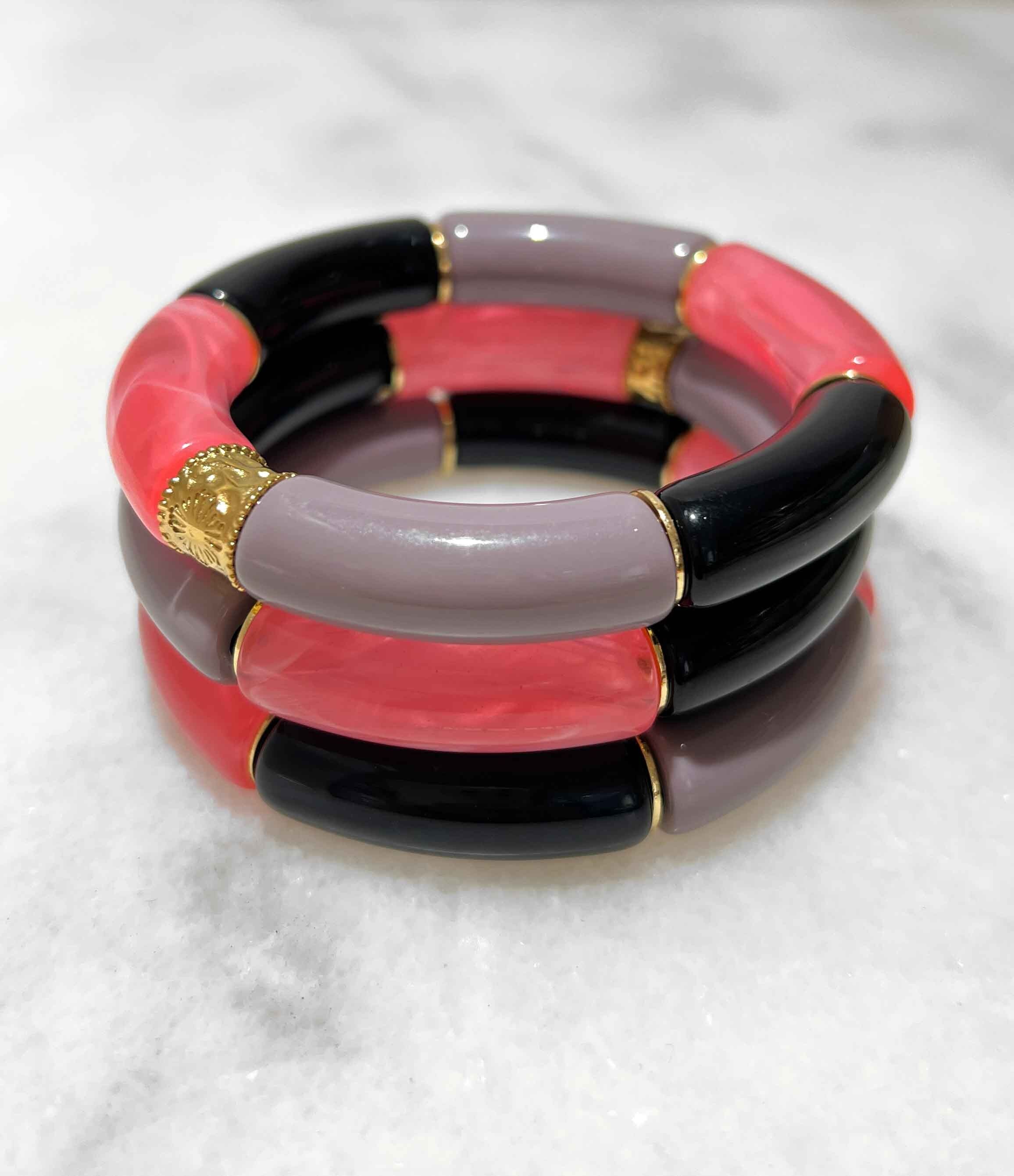 Bracciale elastico alla moda con tubi in acrilico e perle piatte in ottone placcato oro 14K - Mix rosa, nero e lilla