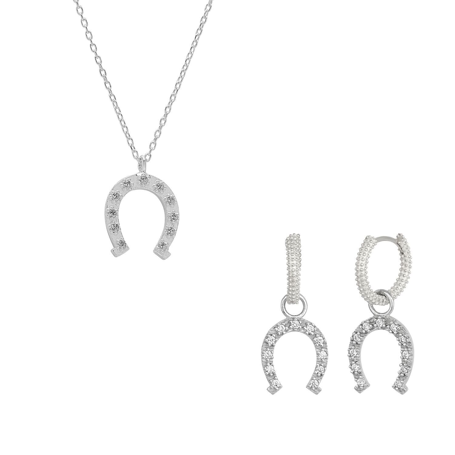 Set di collana e orecchini equestri a ferro di cavallo in argento sterling