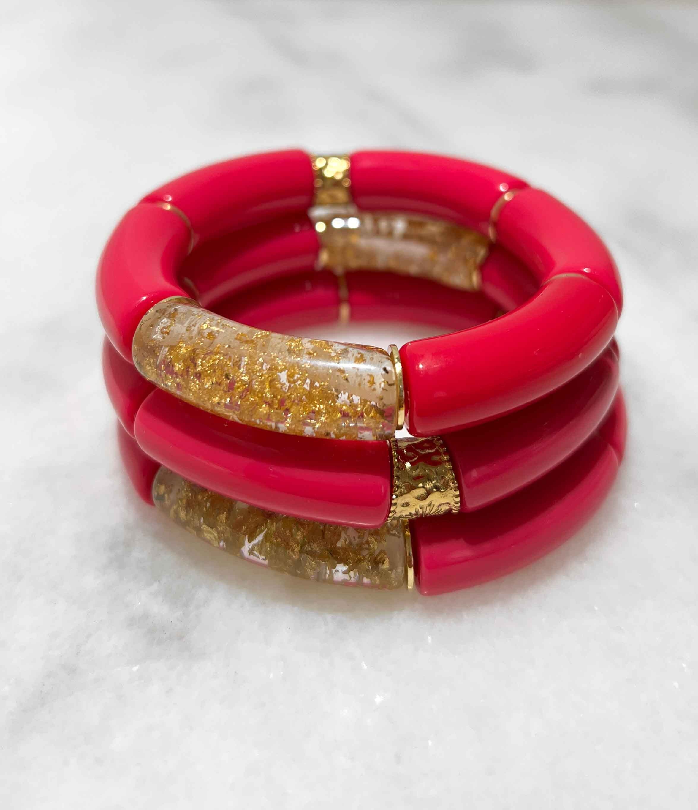 Bracciale elastico alla moda con tubi in acrilico e perle piatte in ottone placcato oro 14K - Mix Fucsia e foglia oro