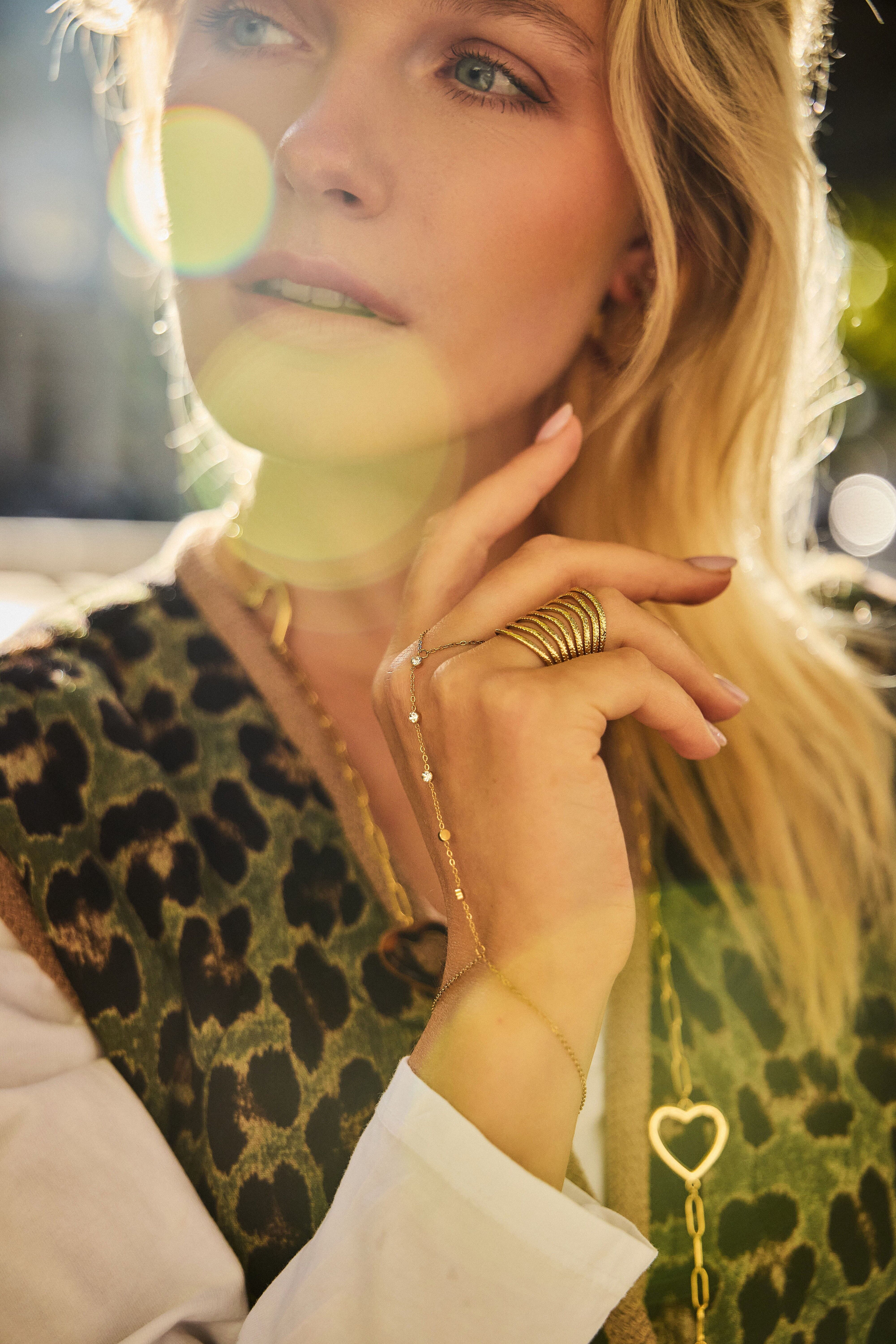 Gold stainless steel hand chain bracelet with rhinestones