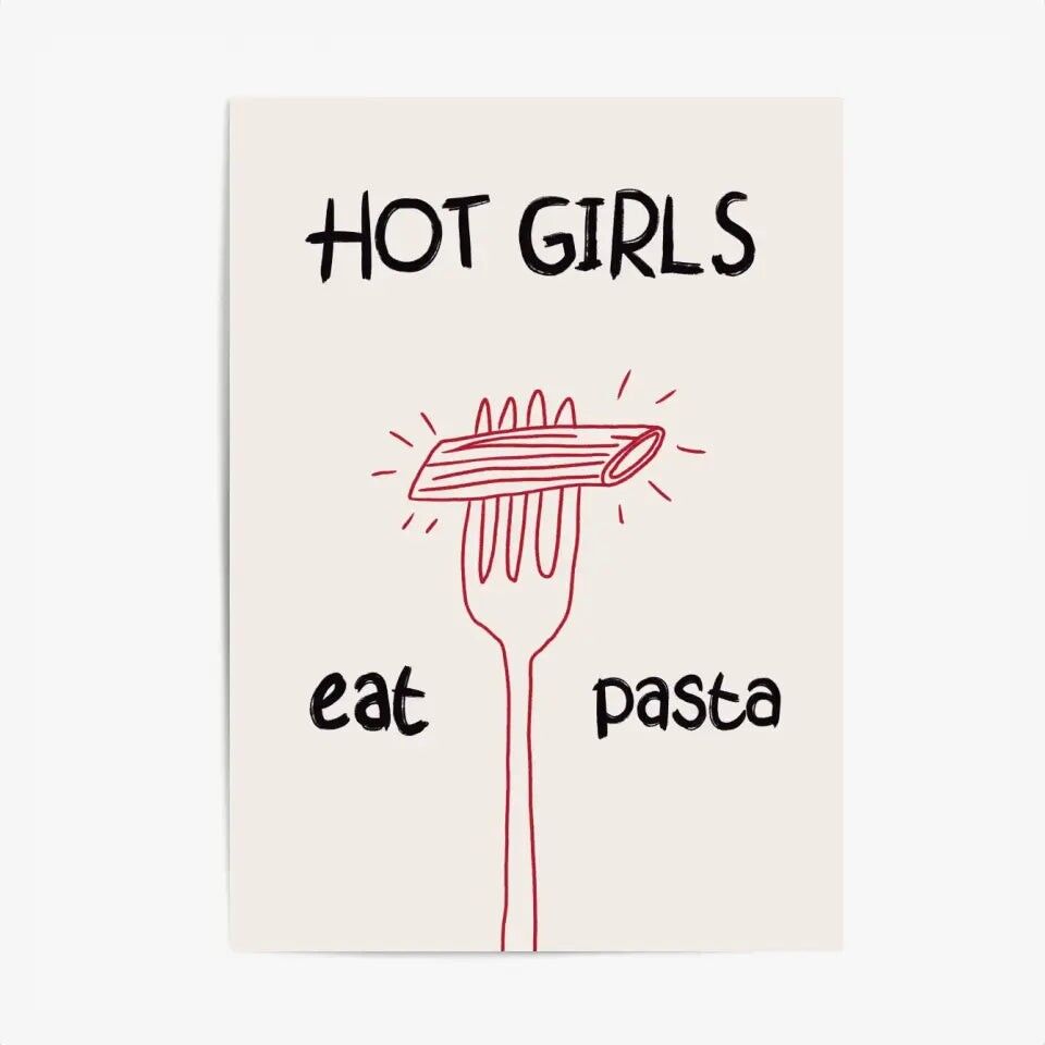 Minimalistisches Küchenposter & Druck – Heiße Mädchen essen Pasta
