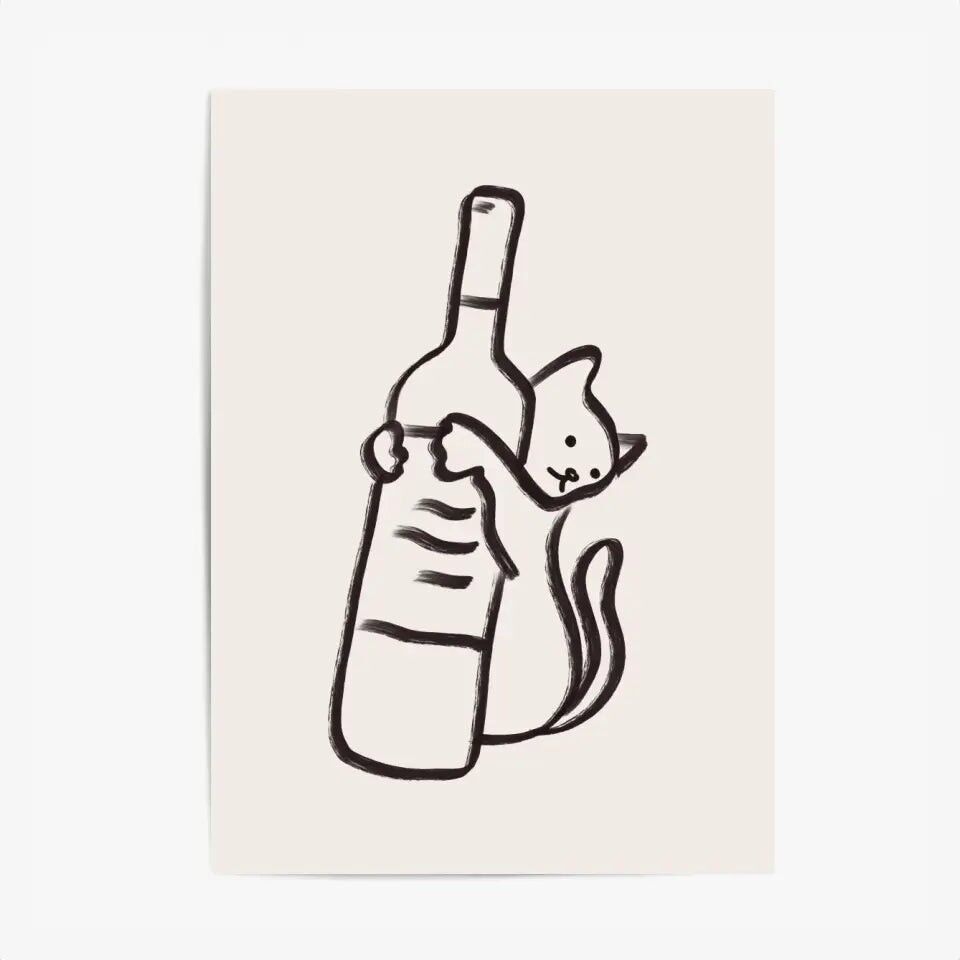 Minimalistisches Küchenposter & Druck – Wein und Katze 2