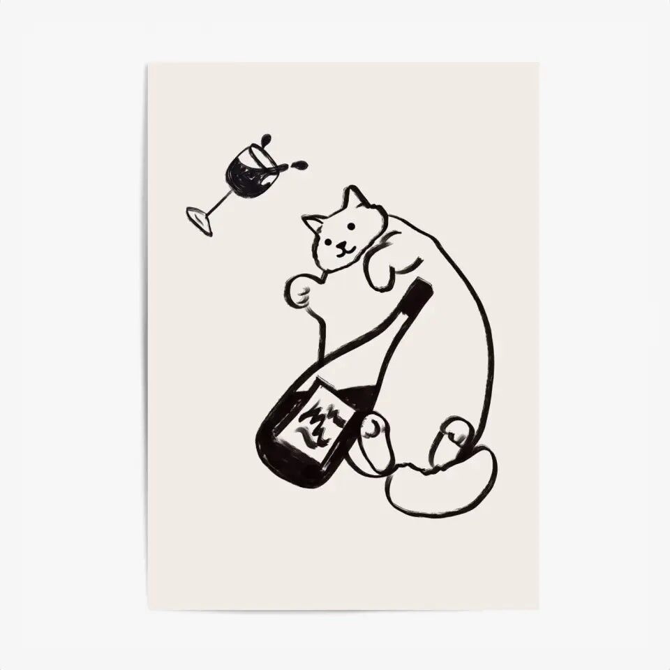 Minimalistisches Küchenposter & Druck – Wein und Katze