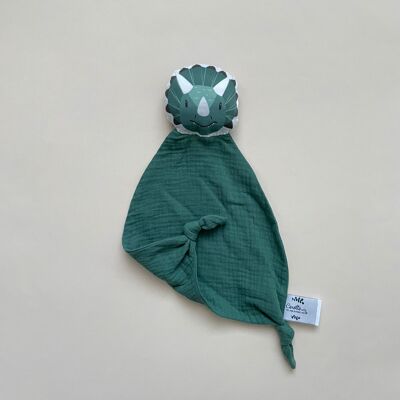 Doudou Dinosaure en double gaze vert eucalyptus