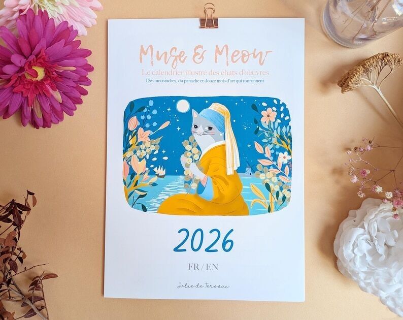 2026 illustrated wall calendar with a cat theme and famous paintings, A4 21x29.7cm.