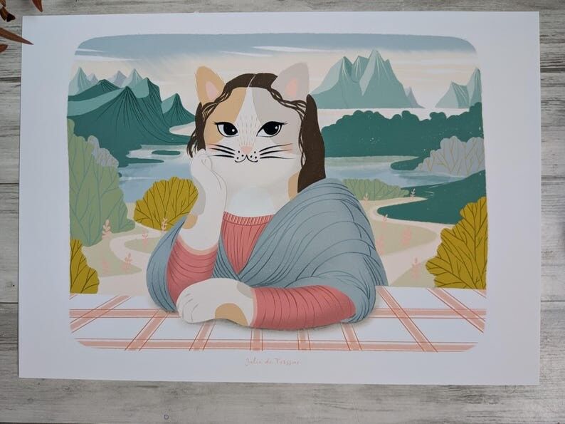 Print affiche inspiré de La Joconde de Léonard de Vinci avec un chat, format A4 ou A5