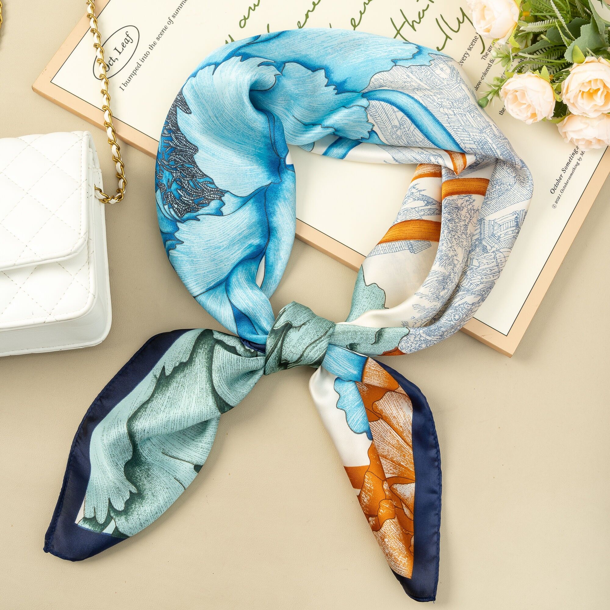 Sciarpa quadrata 90X90 poliestere fiori colori architettura