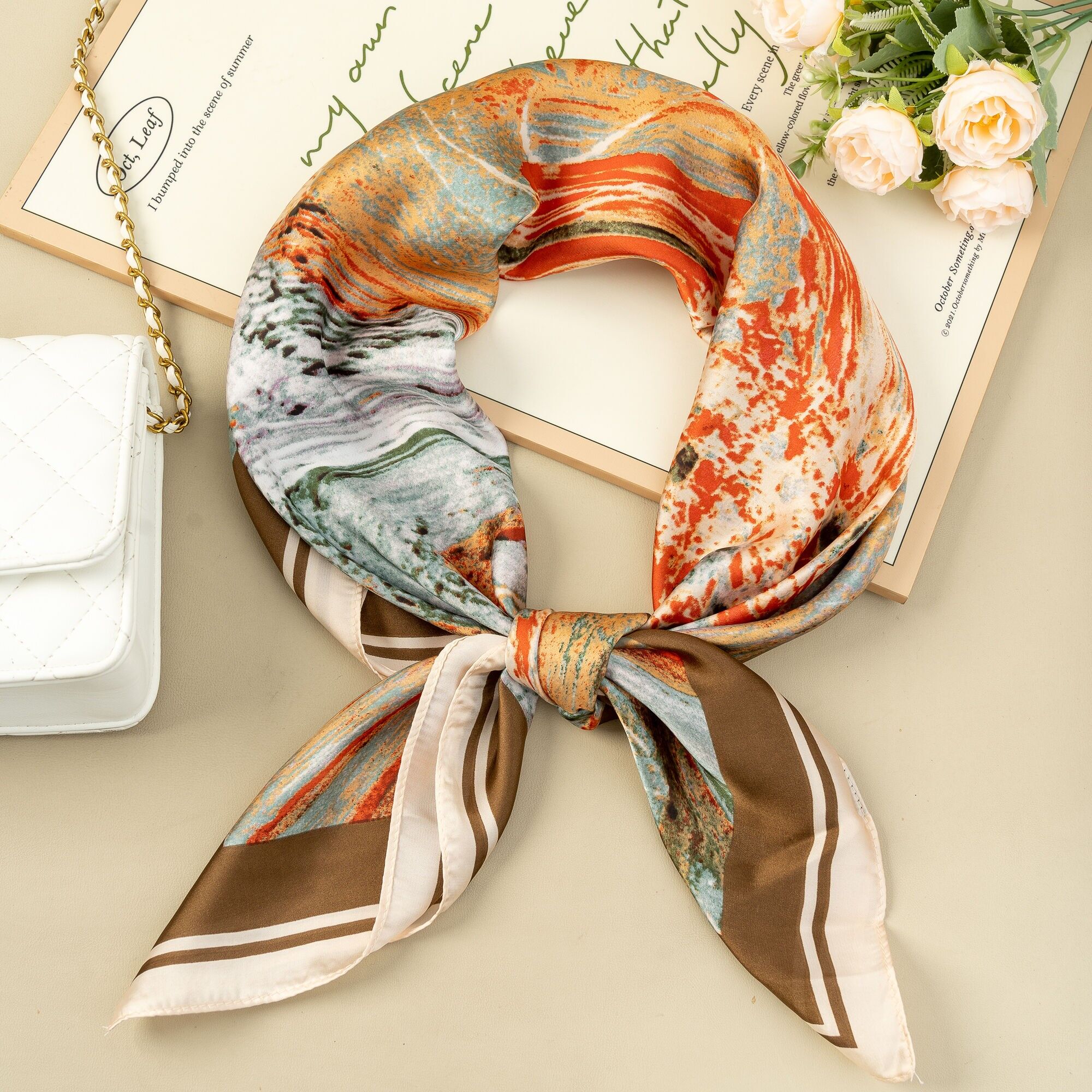 Square Scarf 90 X 90 Polyester Marbled Abstract Orange