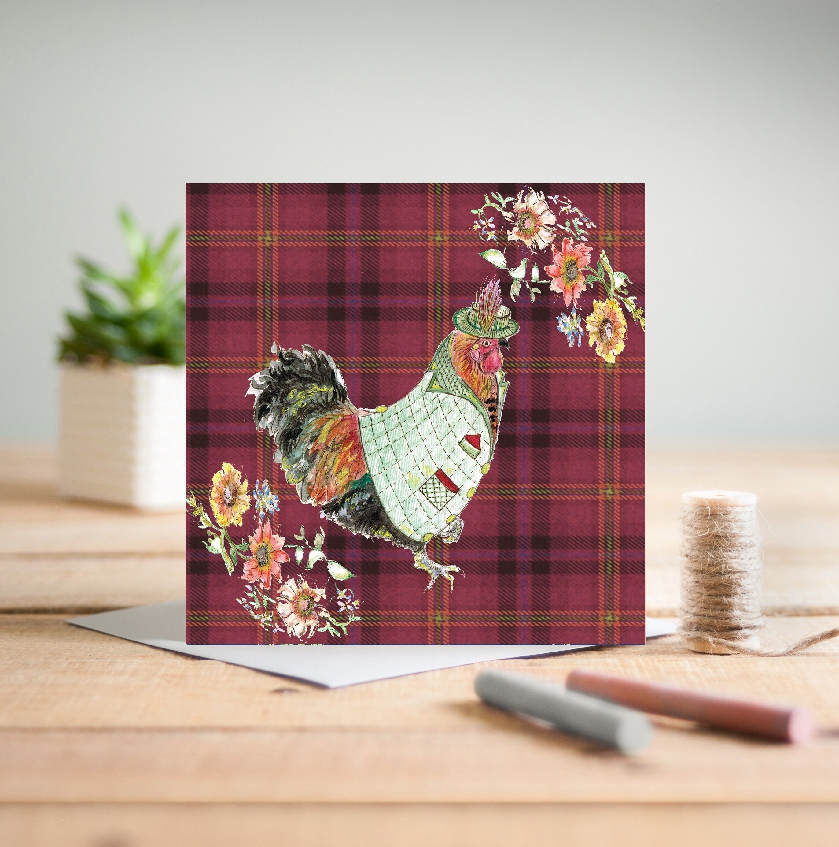 Biglietto d'auguri galletto in tweed