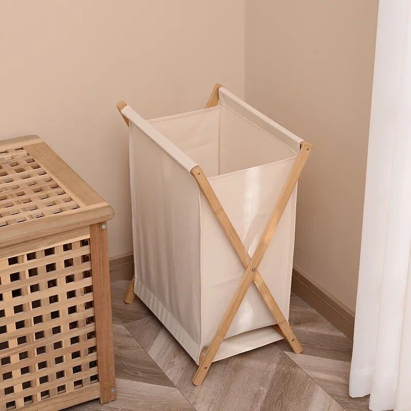Panier à linge pliable avec couvercle - beige, 56,5x40x34 cm - mélange coton-lin de haute qualité - cadre en bambou robuste