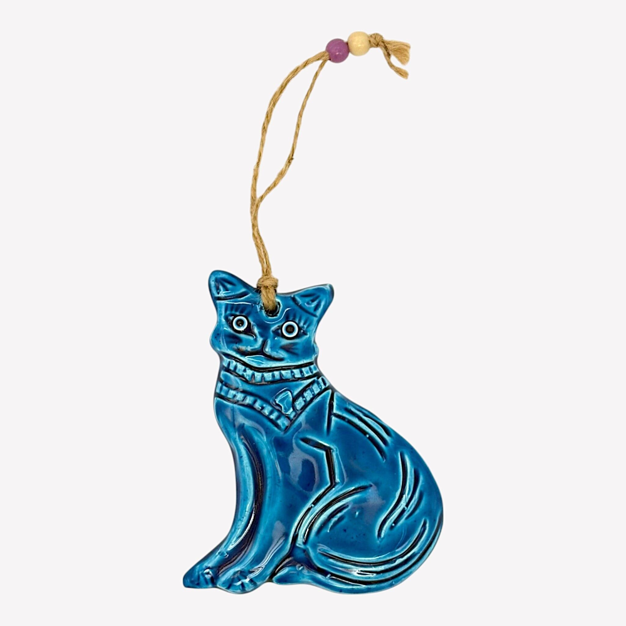 Decoración de pared de cerámica - Gato - Azul claro - 14x12x2cm