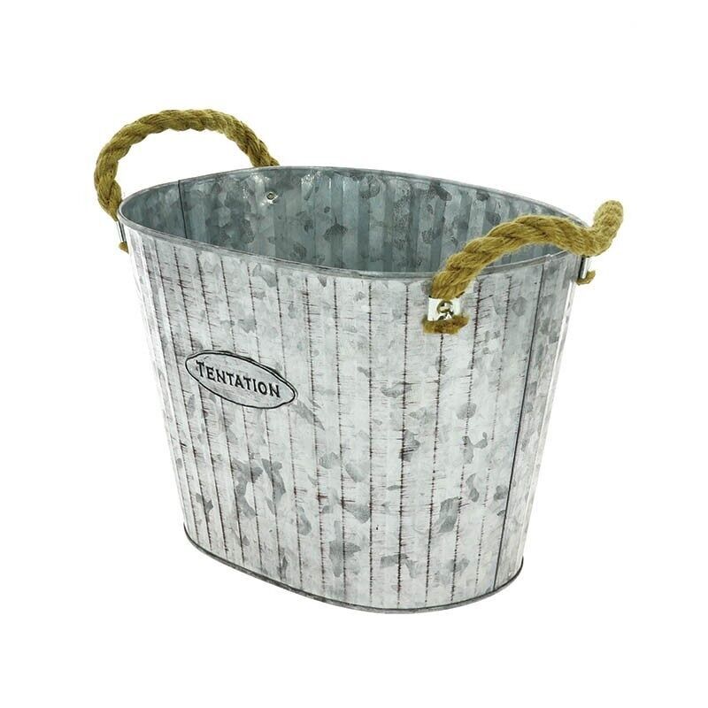 TEMPTATION OVAL ZINC BASIN WITH ROPE HANDLES 28X21X20