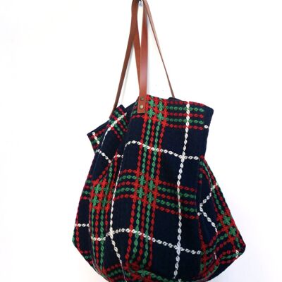 Blue, red, green and white woolen tote bag.