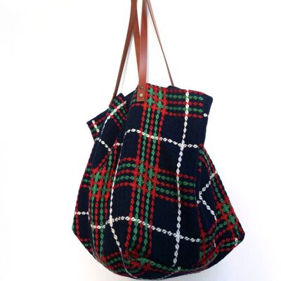 Blue, red, green and white woolen tote bag.