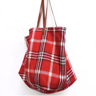 Red, white and black woolen tote bag.