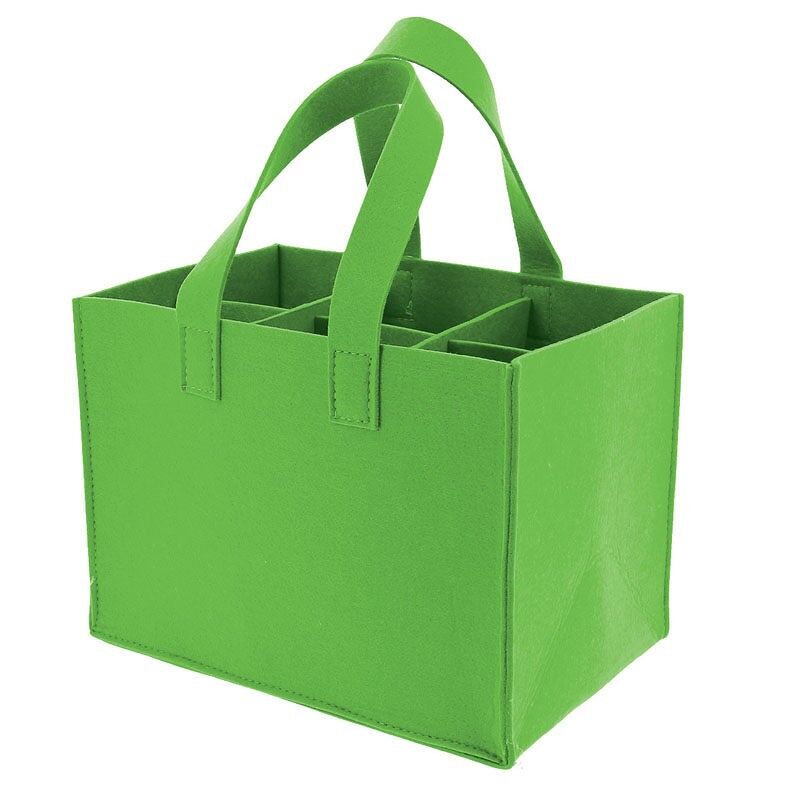GREEN FELT BAG 2 HANDLES 6 BOTTLE BOXES 28X18X20. ⑤ 