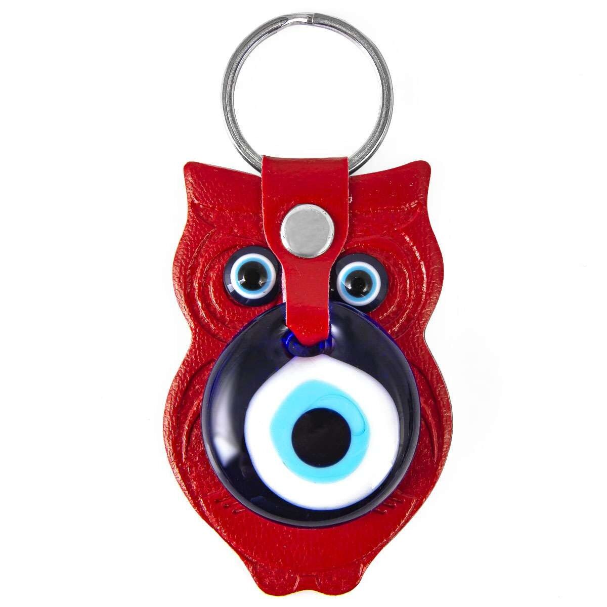 Leather keychain - owl - red - 9x5cm