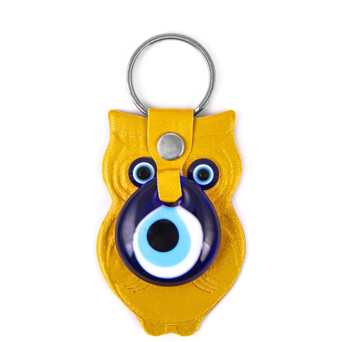 Leather Keychain - Owl - Yellow - 9x5cm