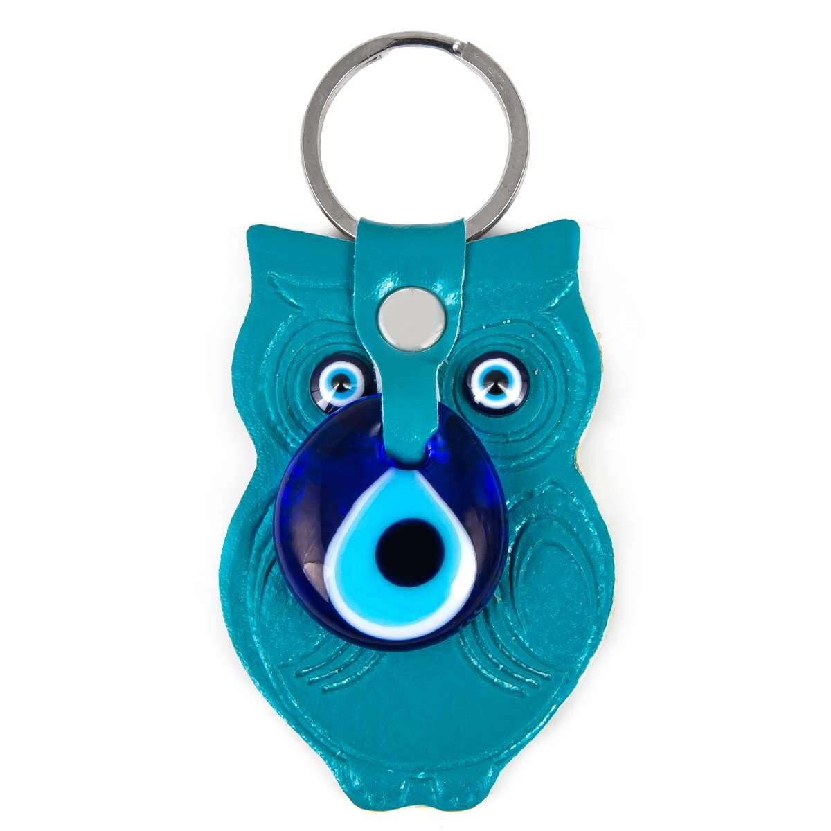 Leather keychain - owl - turquoise - 9x5cm