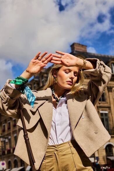 Gold Bangle Bracelet & Green-Blue Printed Fabric