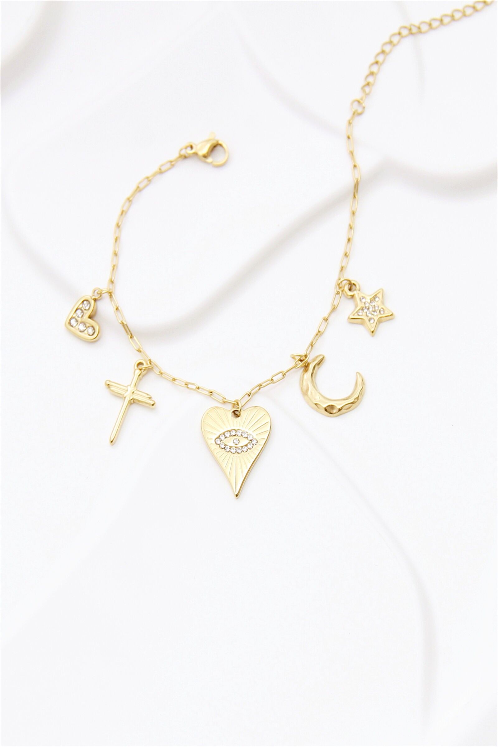 Star, Moon & Heart Charm Bracelet – Trendy Stainless Steel