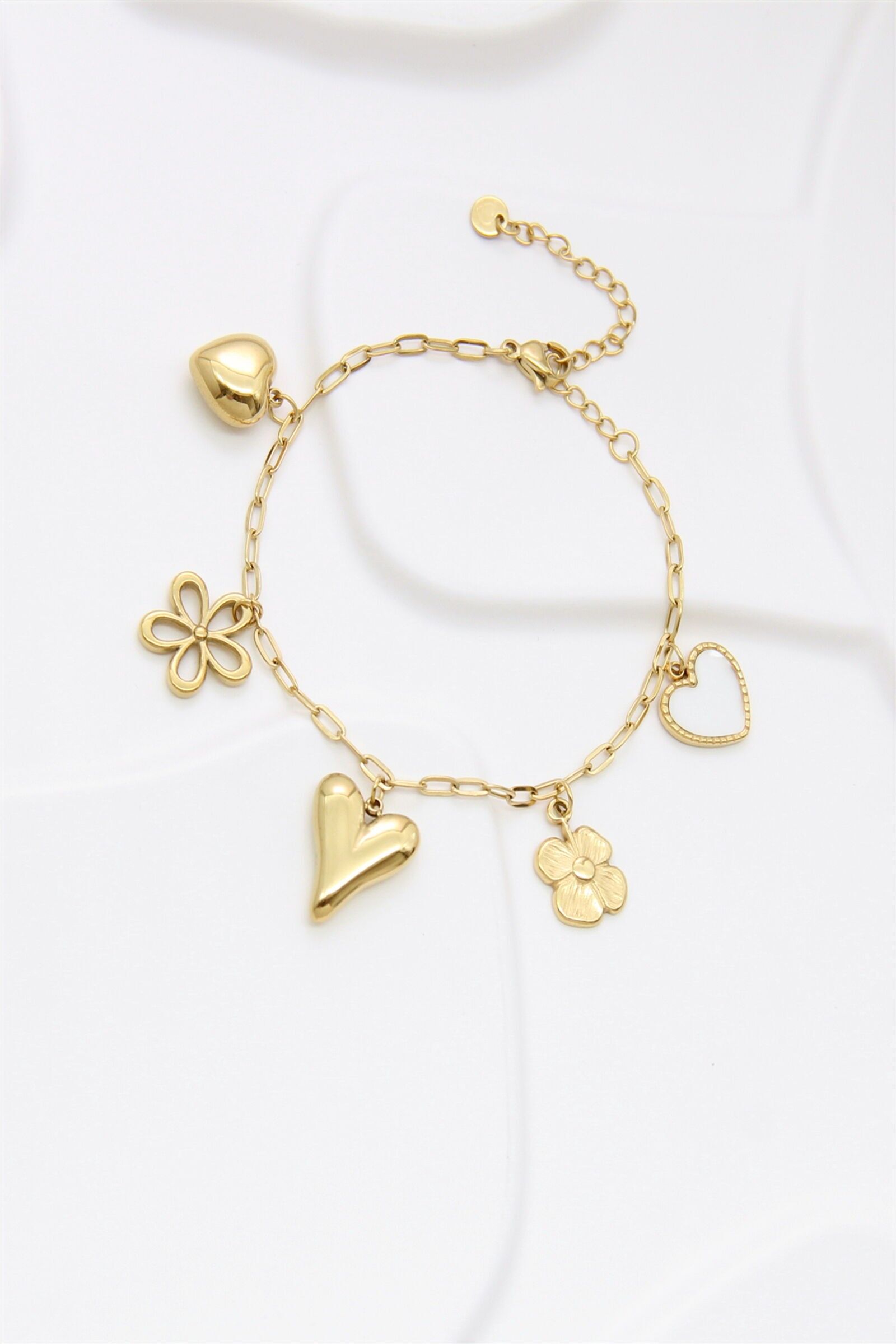 Stainless Steel Heart & Flower Charm Bracelet