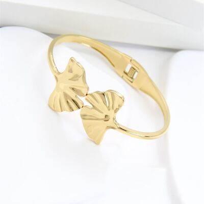 Bracciale rigido in acciaio inossidabile placcato oro con motivo a foglia di ginkgo