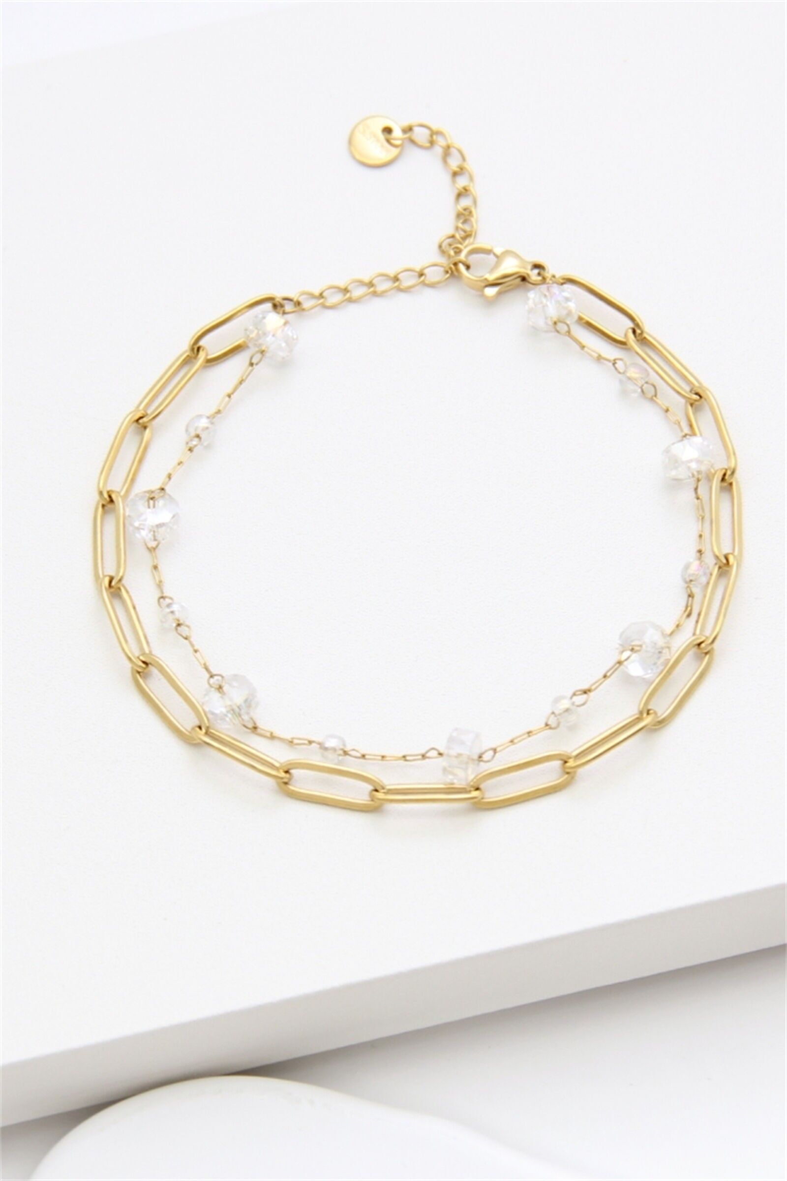 Bracciale a doppia catena in acciaio inossidabile placcato oro – Maglie ovali e perline sfaccettate