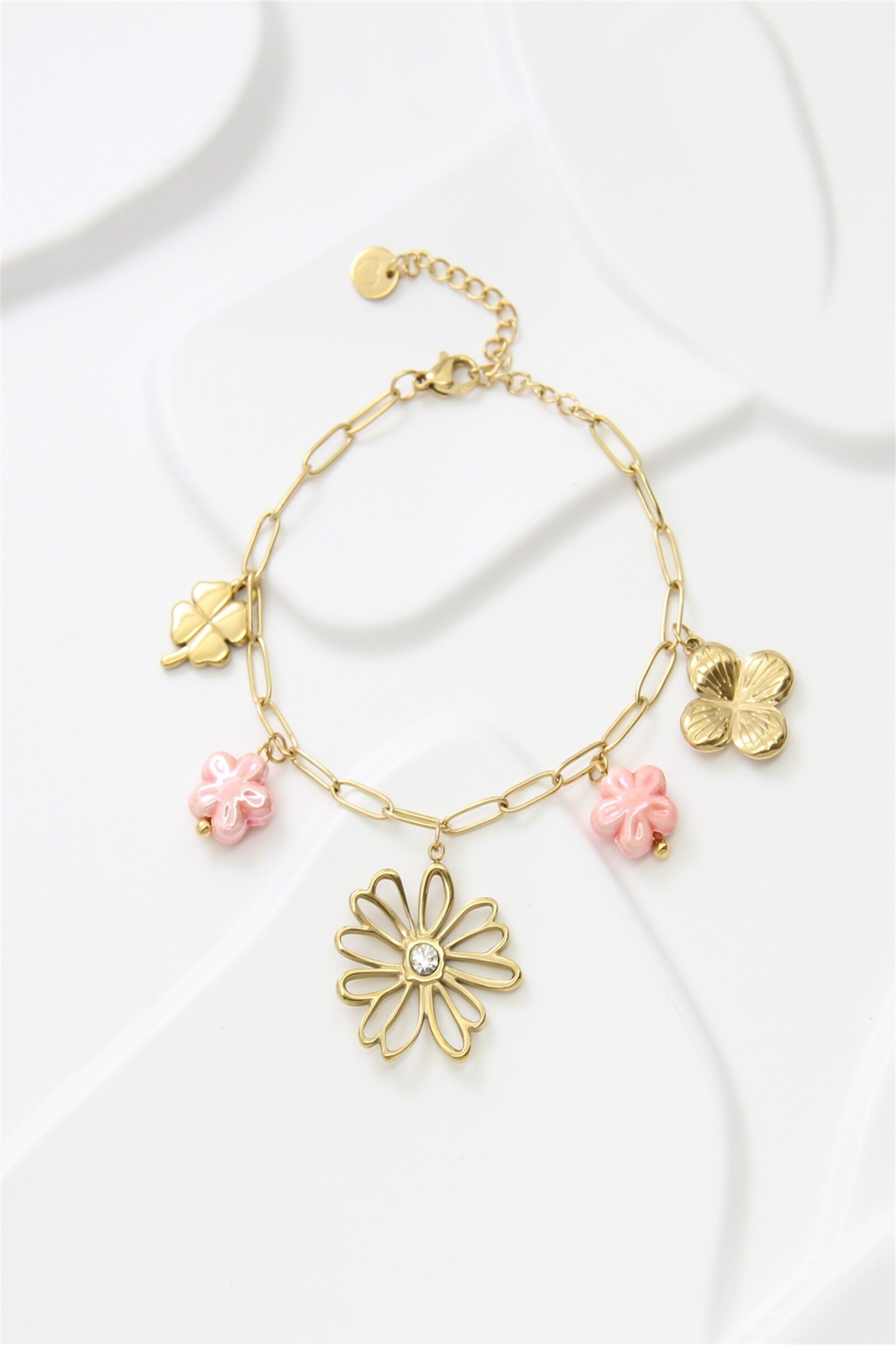 Bracciale con ciondolo a forma di fiore e trifoglio – Acciaio inossidabile