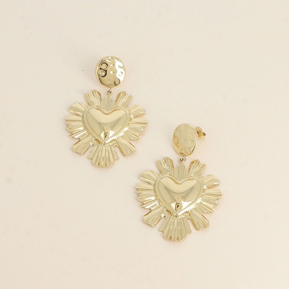 Dangling earrings - hammered round coin and textured heart