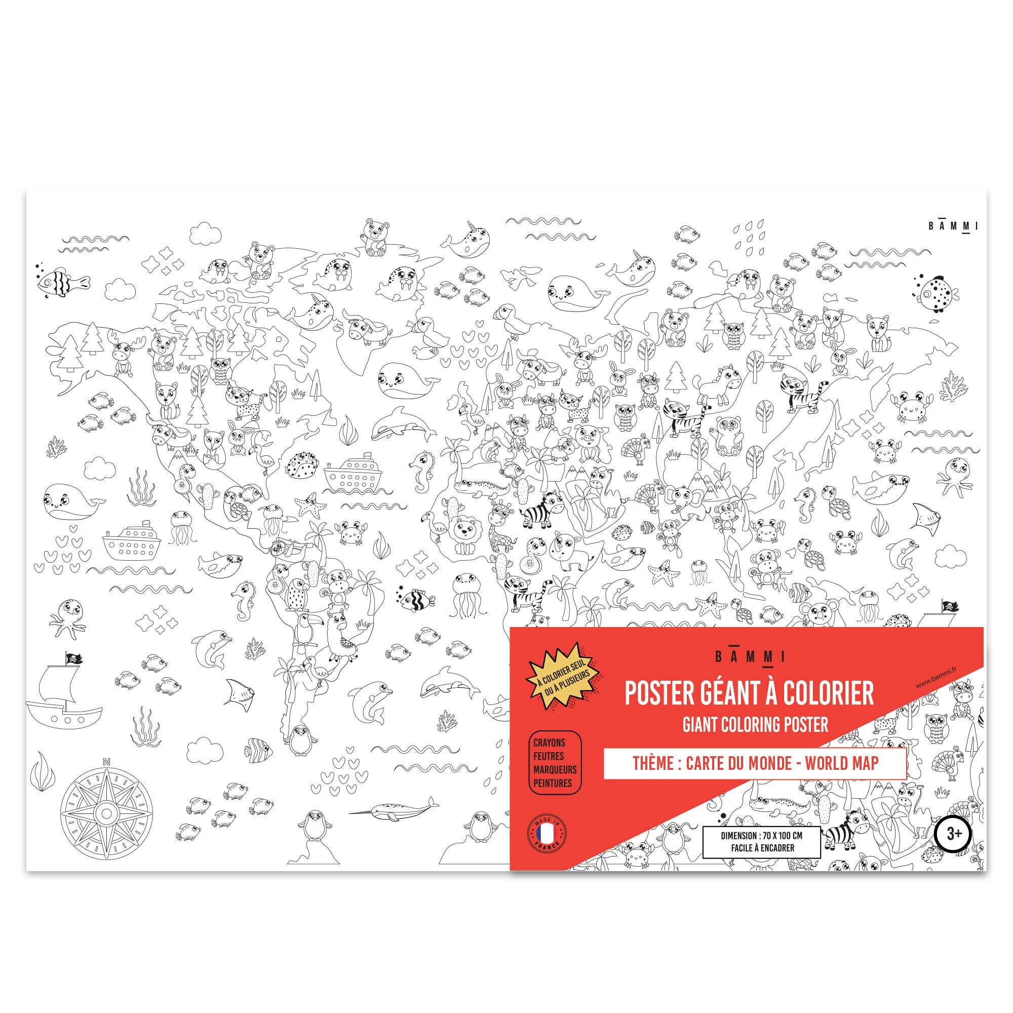 Poster Géant à colorier Le Monde des Animaux 100 cm x 70 cm - Carte du monde - Papier Qualité Supérieure - Made in France